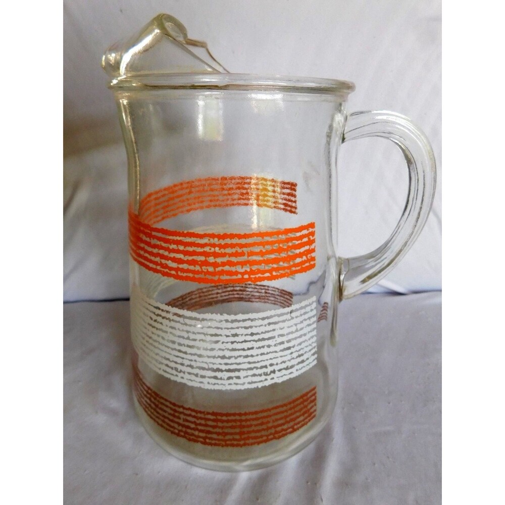 Vintage Pitcher Clear Glass Orange, White, Brown Striped Water 9”H
